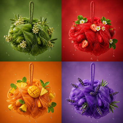4er Dusch-Schwamm Set – Lavendel, Erdbeere, Mango & Ananas, Olive Blossom